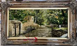 تابلو فرش درجه 1 منظره کوچه باغ گل ابریشم با برجسته زنی حرفه ای