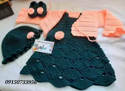 ست سارافن پاپوش و کلاه دخترانه قلاب بافی طرح زمرد