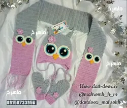 ست قلاب بافی  شال ،کلاه و دستکش مدل جغدی2(سفارشی)