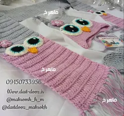 ست قلاب بافی  شال ،کلاه و دستکش مدل جغدی2(سفارشی)