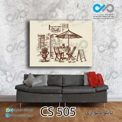 تابلو دیواری دکوپیک کافی شاپ با طرح صندلی های کافه درکوچه- کد CS_505 مستطیل افقی