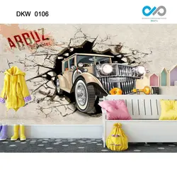 پوستر دیواری اتاق کودک نوجوان - طرح خارج شدن ماشین کارتونی از دیوار شکسته - کد DKW-0106