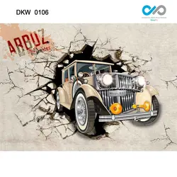 پوستر دیواری اتاق کودک نوجوان - طرح خارج شدن ماشین کارتونی از دیوار شکسته - کد DKW-0106