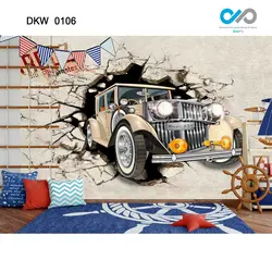 پوستر دیواری اتاق کودک نوجوان - طرح خارج شدن ماشین کارتونی از دیوار شکسته - کد DKW-0106