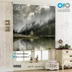 پرده شید رول پذیرایی با تصویر رودخانه-جنگل و کلبه-شب-کدN958