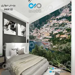 پوسترسه بعدی دیواری-اتاق خواب-با تصویرخانه های کوهپایه ای کناردریا وجنگل-کد -H4418