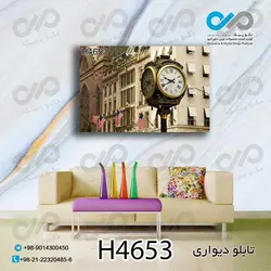 تابلو دیواری دکوپیک با طرح ساعت درخیابان جلوی ساختمان بزرگ- کد H4653 مستطیل افقی