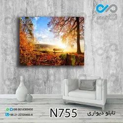 تابلو دیواری دکوپیک طبیعت با طرح نیمکت در جنگل غروب- کد N755 مستطیل افقی