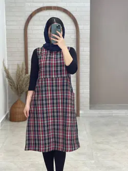 سارافون چهارخونه نهان سورمه ای طوسی قرمز