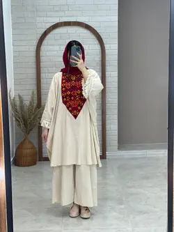ست مانتو شلوار پانچو بلوچی دوزی صورتی سبز