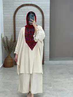 ست مانتو شلوار پانچو بلوچی دوزی قرمز