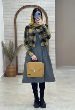 ست کت و سارافون چهارخونه طوسی زرد