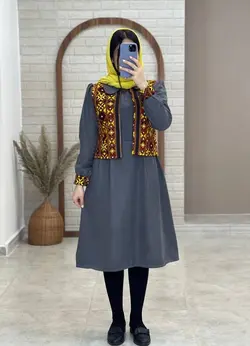 ست کت و سارافون شاپرک سوزندوزی طوسی