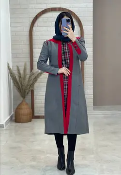 ست مانتو سارافون نهان طوسی قرمز