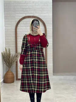 مانتو ملیسا چهارخونه کرم زرشکی