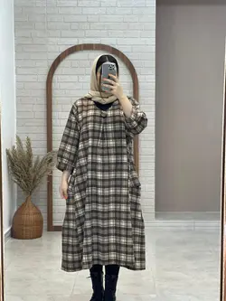 پیراهن کعبه پاییزی چهارخونه کرم قهوه ای