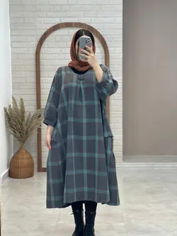 پیراهن کعبه پاییزی چهارخونه طوسی آبی