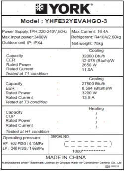 کولر گازی یورک 32000 مدل YHFE32XEVAHG-R3 - فروشگاه اینترنتی جم کالا