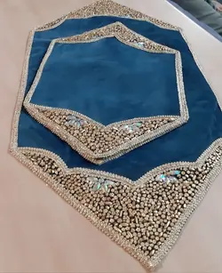 رومیزی سه تکه مخمل سنگ دوزی آبی