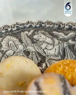 شیرینی خوری شبه نقره تک پایه قلمزنی طرح صورت آبکاری پتینه - مجموعه صنایع دستی کیمیا ترنج