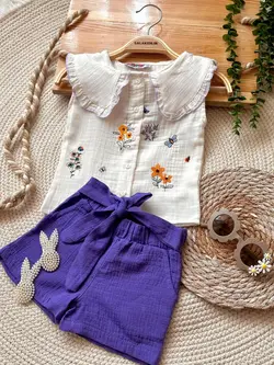 تاپ گلدوزی و شورتک کد 3988