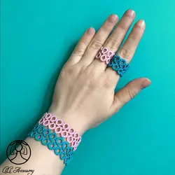 دستبند و انگشتر پهن نخی رنگ پاستلی کد: V08