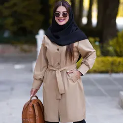 خرید مانتو دانشجویی پاییزه کمربند دار 1401 جذاب در مدشیک