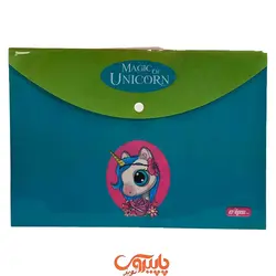 پوشه دکمه دار یونیکورن A4 طرح صورت یونیکورن زمینه ابی لبه ی سبز - پاپیروس تویز