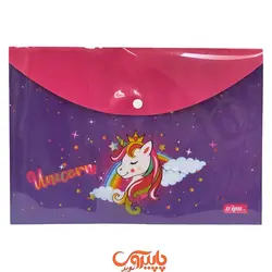 پوشه دکمه دار یونیکورن A4 طرح یونیکورن بنفش لبه ی صورتی