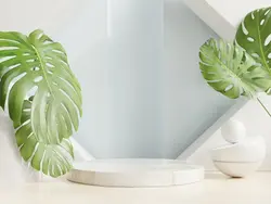 تریبون برای ارائه محصول، پس زمینه آبی. رندر سه بعدی