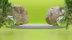 تریبون رندر سه بعدی سفید در پس زمینه سبز با درختان