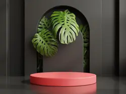 تریبون قرمز برای ارائه محصول، پس زمینه سیاه، رندر سه بعدی
