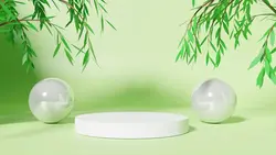 تریبون سفید رندر سه بعدی ساده در پس زمینه سبز با درختان