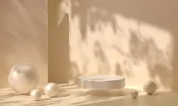 تریبون نمایش سه بعدی روی پایه یا سکوی پس‌زمینه پاستلی بژ با کره‌های هندسی یا مروارید برای ارائه محصولات آرایشی زیبایی بنر موکاپ استودیو برهنه طبیعی