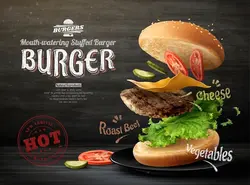 طراحی تبلیغات همبرگر در پس زمینه تخته سیاه در تصویر سه بعدی