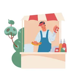 فروشنده جشنواره غذای خیابانی در کیوسک فروش تصویر برداری مسطح هات داگ جدا شده
