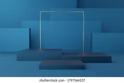 Empty blue cube podium with gold border and gold square on blue box background. Abstract minimal studio 3d geometric shape object. Mockup space for display of product design. 3d rendering. | تریبون مکعب آبی خالی با مرز طلا و مربع طلا در پس زمینه جعبه آبی.انتزاع استودیوی حداقل استودیوی 3D شکل هندسی.فضای Mockup برای نمایش طراحی محصول.رندر سه بعدی. – آکادمی پرنیان طرح