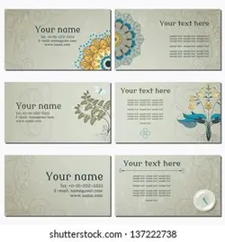 Set of six horizontal business cards. Hosta, fern and lacewing on vintage plaster background. Complied with the standard sizes. | مجموعه شش کارت ویزیت افقی.میزبان ، سرخس و توری در پس زمینه گچ پرنعمت.با اندازه استاندارد مطابقت دارد. – آکادمی پرنیان طرح