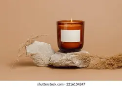 Burning candle in brown glass jar on stone podium with pampas grass, cozy winter and autumn home decor, soy wax handmade candle | شمع سوزاندن در کوزه شیشه ای قهوه ای روی تریبون سنگی با چمن پمپاس ، دکوراسیون دنج و دکوراسیون خانه پاییز ، شمع دست ساز موم سویا – آکادمی پرنیان طرح