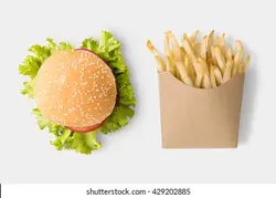 Concept of mock up burger and french fries on white background. Copy space for text and logo. Clipping Path included on white background. | مفهوم مسخره همبرگر و سیب زمینی سرخ شده فرانسوی در پس زمینه سفید.فضای را برای متن و آرم کپی کنید.مسیر قطع در پس زمینه سفید. – آکادمی پرنیان طرح