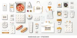 Mockup for pizzeria, cafe, fast food restaurant. Branding set of pizza, uniform, popcorn, hamburger, hot dog, paper pack. Coffee, Fast food package elements Top view. vector | Mockup for Pizzeria ، کافه ، رستوران فست فود.برندسازی مجموعه پیتزا ، یکنواخت ، پاپ کورن ، همبرگر ، هات داگ ، بسته کاغذی.قهوه ، عناصر بسته بندی فست فود نمای بالا.بردار – آکادمی پرنیان طرح