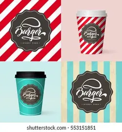 Premium quality realistic isolated paper coffee cup vector illustration. Web infographic fast food photorealistic mockup. Hand lettering burger food logo design concept on vintage background. | کیفیت حق بیمه تصویربرداری فنجان قهوه کاغذ جدا شده واقع بینانه.مكان فست فود فست فود فست فود اینفوگرافیک.مفهوم طراحی آرم غذای همبرگر حروف دستی در پس زمینه پرنعمت. – آکادمی پرنیان طرح