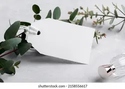 Rectangle white gift tag mockup with eucalyptus leaves on grey background, label tag mockup, Wedding favor tag for souvenir, sign for greeting message close up, element for design, close up | مستطیل برچسب هدیه سفید مستطیل با برگهای اکالیپتوس در پس زمینه خاکستری ، برچسب برچسب برچسب ، برچسب لطف عروسی برای سوغات ، علامت تبریک پیام از نزدیک ، عنصر برای طراحی ، بستن – آکادمی پرنیان طرح