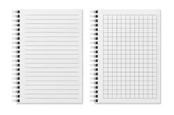 دفترچه خالی دفتر خاطرات واقعی با خطوط و نقطه‌ها روی برگه‌های کتاب کپی سفید مارپیچی فلزی و کاغذ سازمان‌دهنده باز دفتر یا مجموعه ایزوله وکتور لوازم التحریر مدرسه | موکاپ