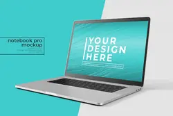 موکاپ فتوشاپ 15 اینچی واقعی و آسان برای وب، رابط کاربری و برنامه های کاربردی فتوشاپ در نمای جلوی سمت راست
