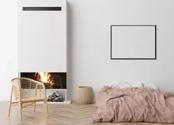 موکاپ قاب عکس افقی خالی روی دیوار سفید در اتاق خواب موکاپ قاب پوستر در فضای داخلی مدرن و فضای آزاد فضای کپی برای تخت خواب طرح شما صندلی راحتی شومینه رندر سه بعدی تصویر سه بعدی
