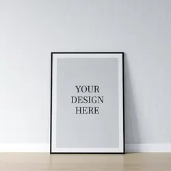 موکاپ پوستر روی زمین با دیوار سفید و کف بلوط