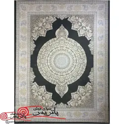 فرش ماشيني خاطره کوير کاشان 1200شانه با تراکم 3600 آکروليک طرح ونیز زغالی هايبالک