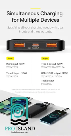 پاوربانک فست شارژ باسئوس BASEUS مدل (PPDML-L01) Bipow با ظرفیت 10000 میلی آمپر
