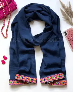 شال نخی سوزن دوزی سرمه ای